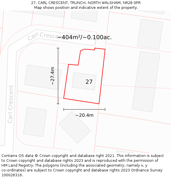 27, CARL CRESCENT, TRUNCH, NORTH WALSHAM, NR28 0PR: Plot and title map