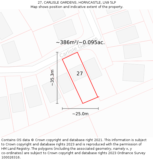 27, CARLISLE GARDENS, HORNCASTLE, LN9 5LP: Plot and title map