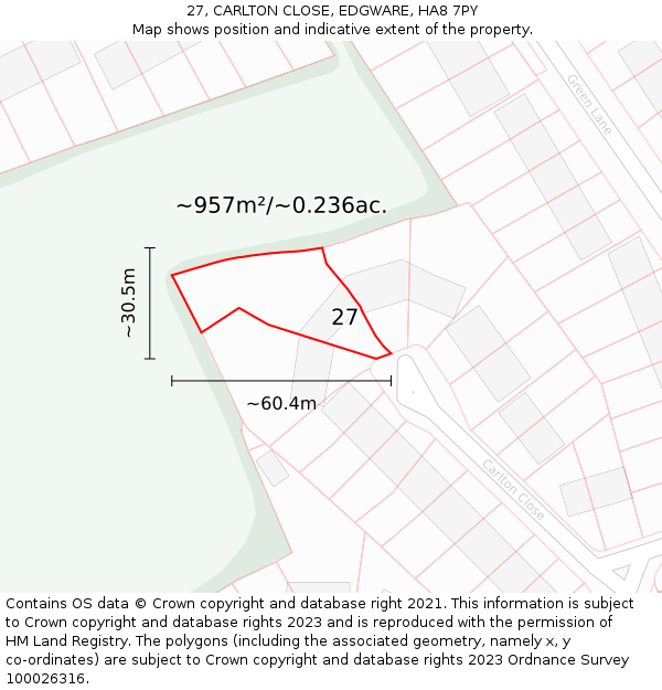 27, CARLTON CLOSE, EDGWARE, HA8 7PY: Plot and title map