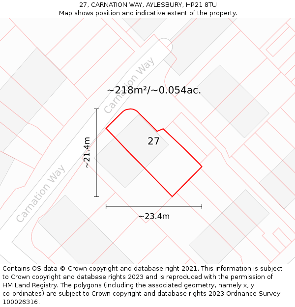 27, CARNATION WAY, AYLESBURY, HP21 8TU: Plot and title map