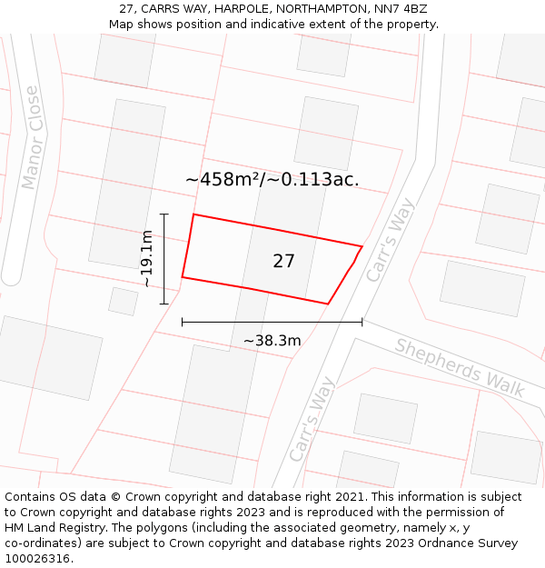 27, CARRS WAY, HARPOLE, NORTHAMPTON, NN7 4BZ: Plot and title map