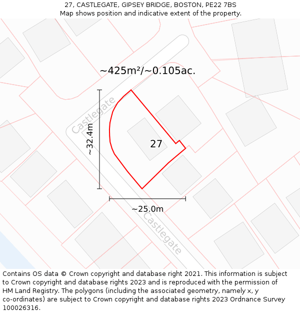 27, CASTLEGATE, GIPSEY BRIDGE, BOSTON, PE22 7BS: Plot and title map