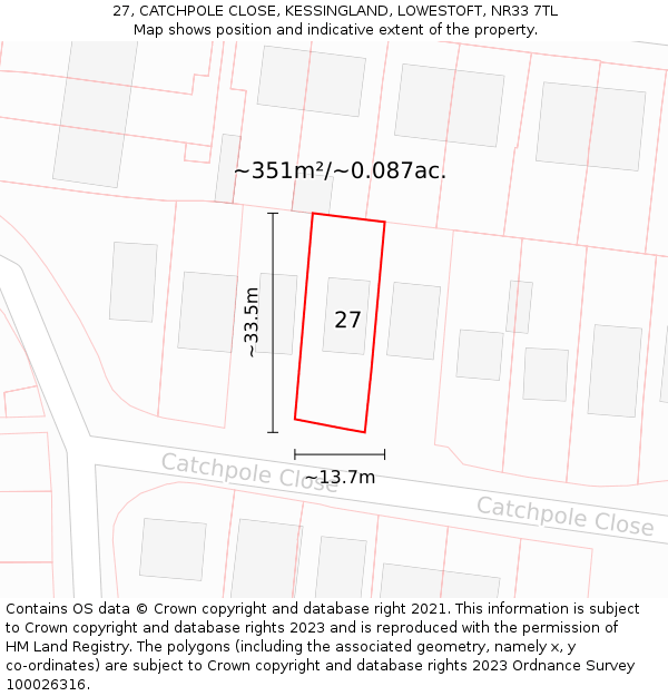 27, CATCHPOLE CLOSE, KESSINGLAND, LOWESTOFT, NR33 7TL: Plot and title map