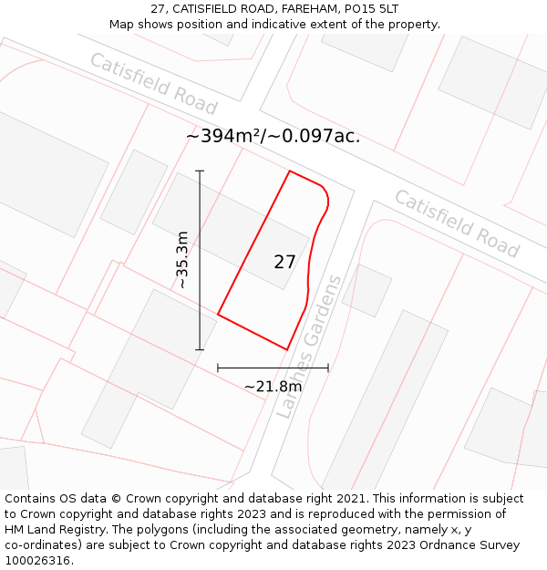 27, CATISFIELD ROAD, FAREHAM, PO15 5LT: Plot and title map