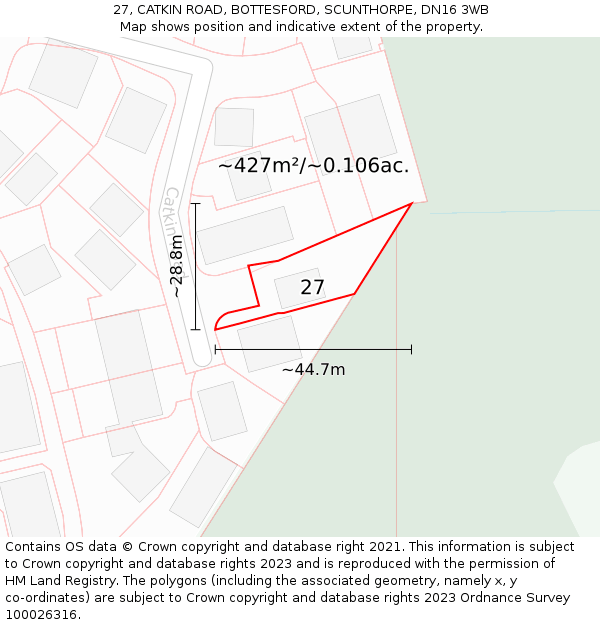 27, CATKIN ROAD, BOTTESFORD, SCUNTHORPE, DN16 3WB: Plot and title map