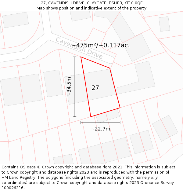 27, CAVENDISH DRIVE, CLAYGATE, ESHER, KT10 0QE: Plot and title map