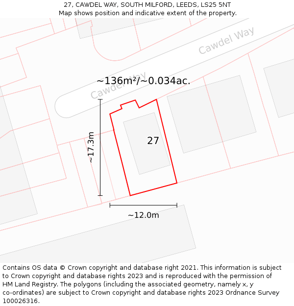 27, CAWDEL WAY, SOUTH MILFORD, LEEDS, LS25 5NT: Plot and title map
