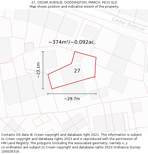 27, CEDAR AVENUE, DODDINGTON, MARCH, PE15 0LD: Plot and title map