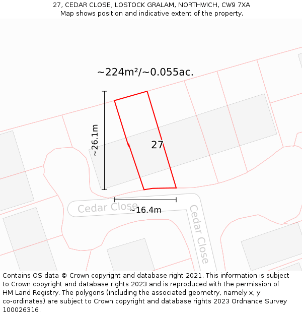 27, CEDAR CLOSE, LOSTOCK GRALAM, NORTHWICH, CW9 7XA: Plot and title map