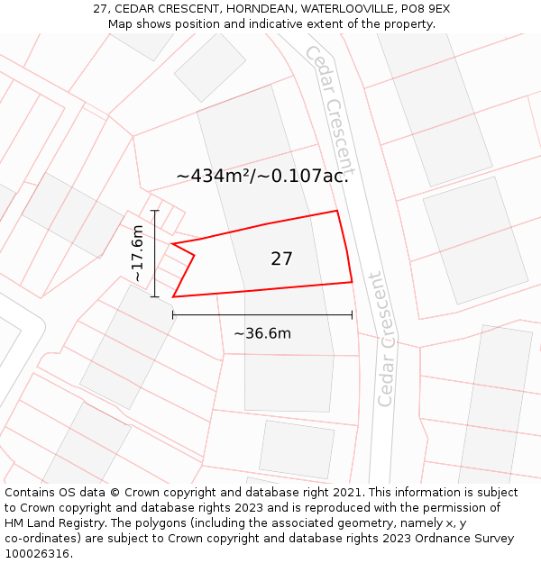 27, CEDAR CRESCENT, HORNDEAN, WATERLOOVILLE, PO8 9EX: Plot and title map
