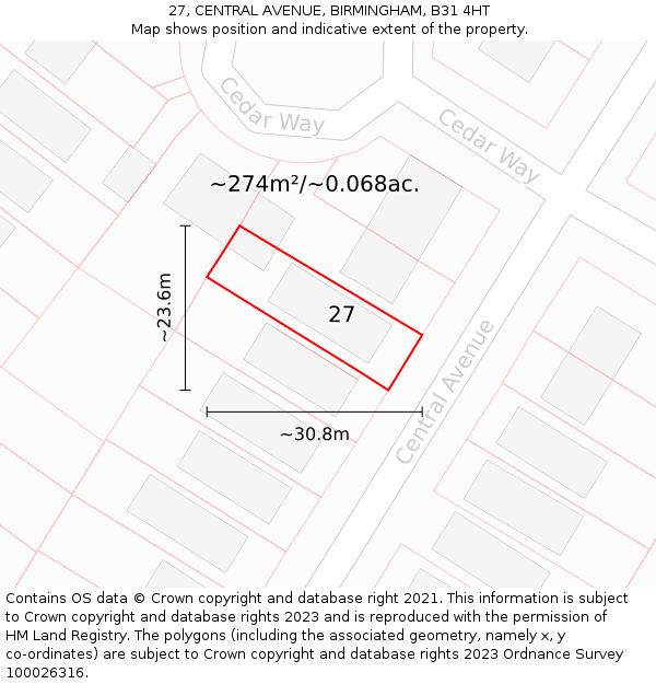 27, CENTRAL AVENUE, BIRMINGHAM, B31 4HT: Plot and title map