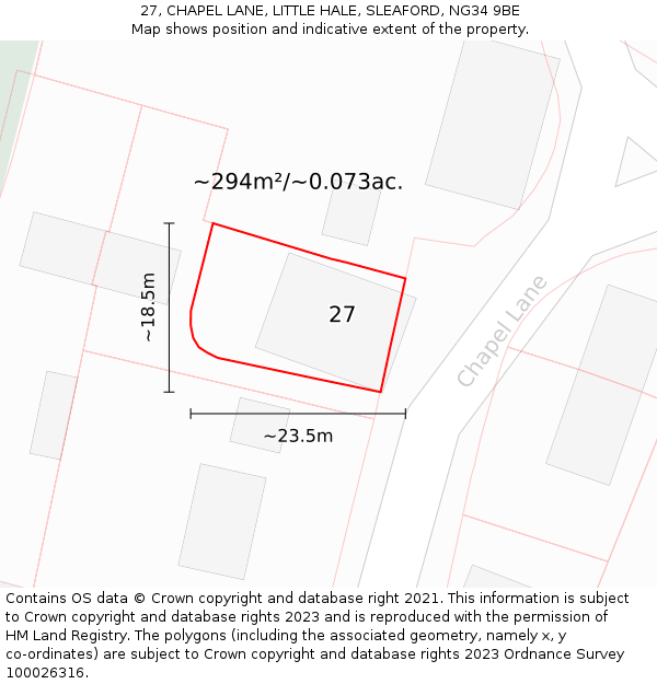 27, CHAPEL LANE, LITTLE HALE, SLEAFORD, NG34 9BE: Plot and title map