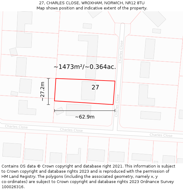 27, CHARLES CLOSE, WROXHAM, NORWICH, NR12 8TU: Plot and title map