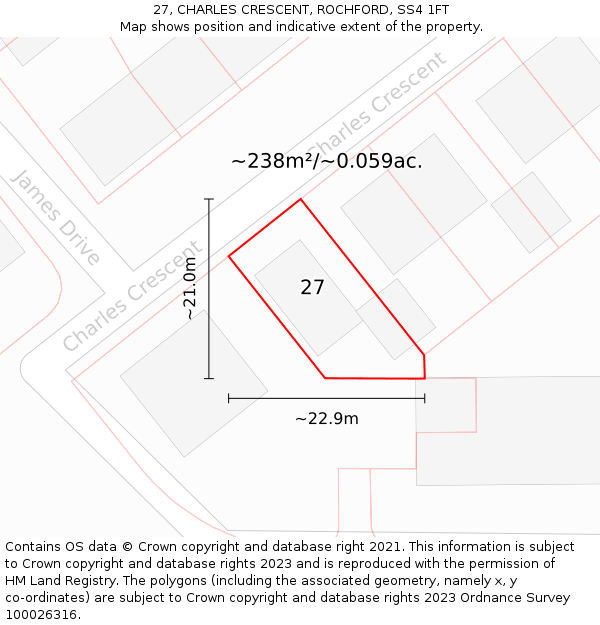 27, CHARLES CRESCENT, ROCHFORD, SS4 1FT: Plot and title map
