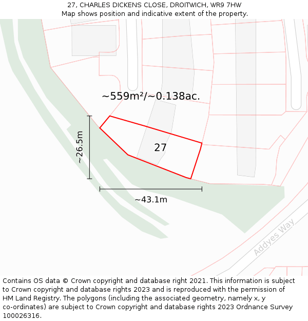 27, CHARLES DICKENS CLOSE, DROITWICH, WR9 7HW: Plot and title map