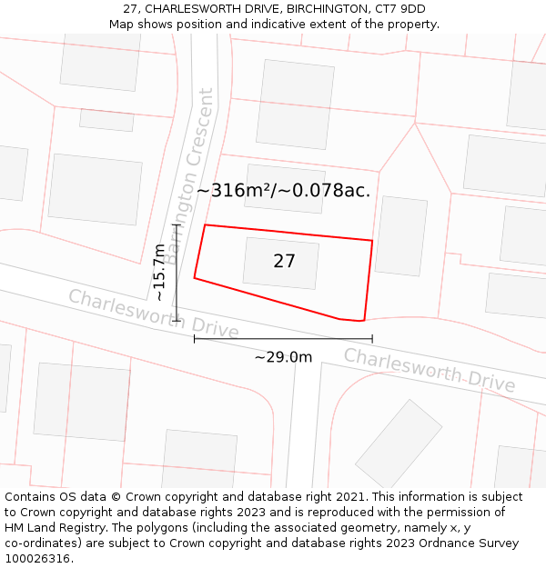 27, CHARLESWORTH DRIVE, BIRCHINGTON, CT7 9DD: Plot and title map