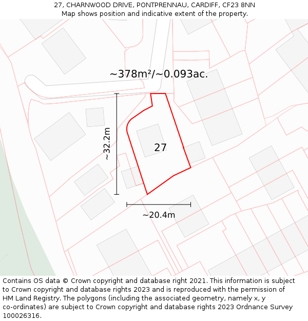 27, CHARNWOOD DRIVE, PONTPRENNAU, CARDIFF, CF23 8NN: Plot and title map