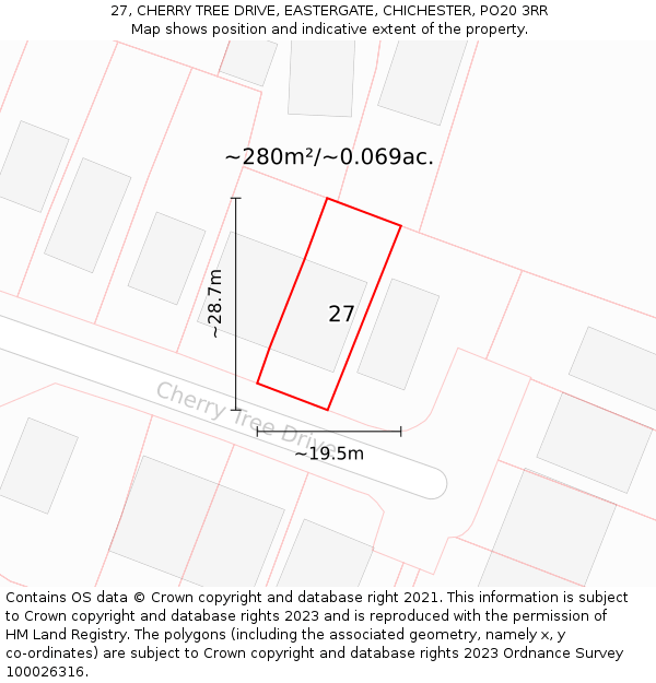 27, CHERRY TREE DRIVE, EASTERGATE, CHICHESTER, PO20 3RR: Plot and title map