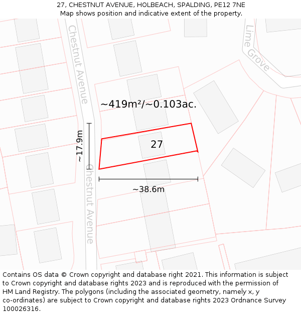 27, CHESTNUT AVENUE, HOLBEACH, SPALDING, PE12 7NE: Plot and title map