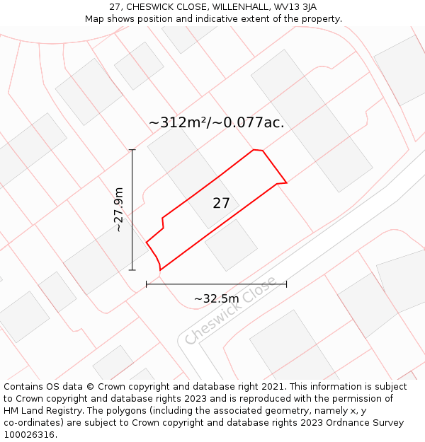 27, CHESWICK CLOSE, WILLENHALL, WV13 3JA: Plot and title map