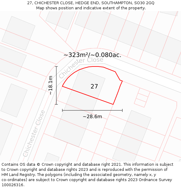 27, CHICHESTER CLOSE, HEDGE END, SOUTHAMPTON, SO30 2GQ: Plot and title map