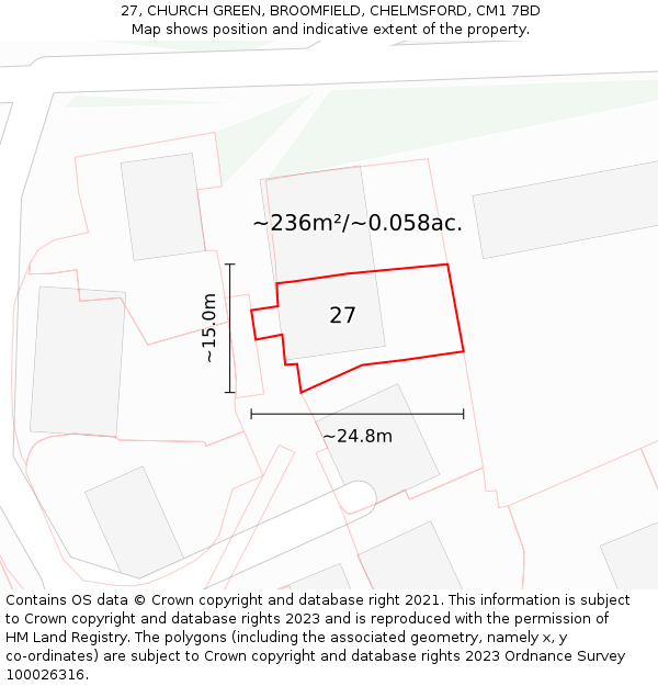 27, CHURCH GREEN, BROOMFIELD, CHELMSFORD, CM1 7BD: Plot and title map