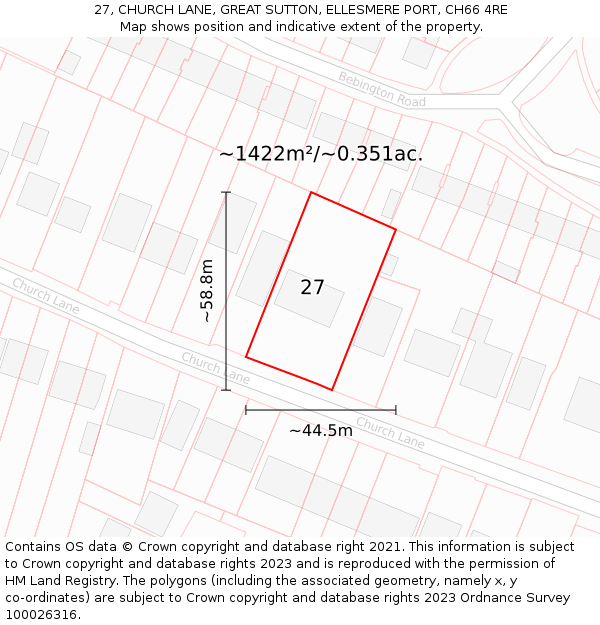 27, CHURCH LANE, GREAT SUTTON, ELLESMERE PORT, CH66 4RE: Plot and title map