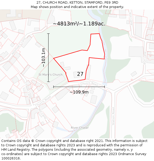 27, CHURCH ROAD, KETTON, STAMFORD, PE9 3RD: Plot and title map