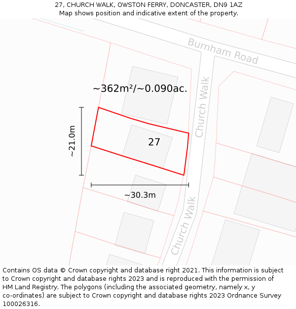 27, CHURCH WALK, OWSTON FERRY, DONCASTER, DN9 1AZ: Plot and title map