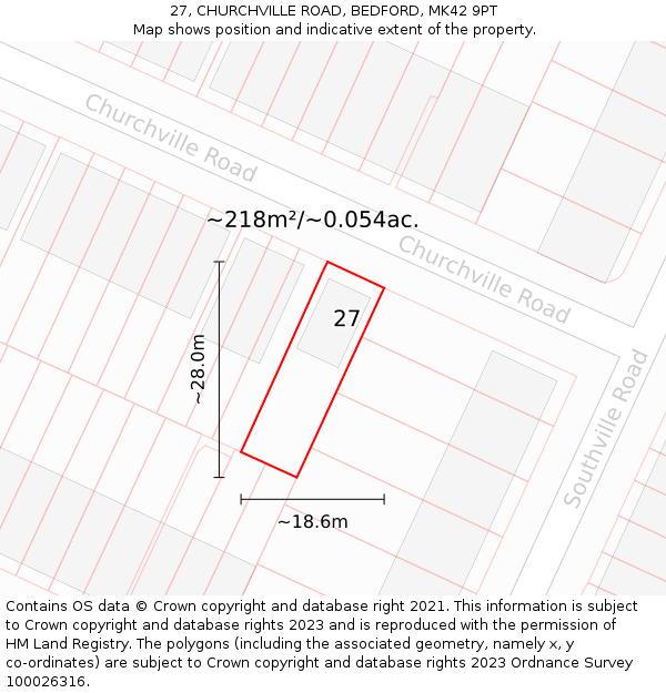 27, CHURCHVILLE ROAD, BEDFORD, MK42 9PT: Plot and title map
