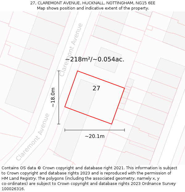 27, CLAREMONT AVENUE, HUCKNALL, NOTTINGHAM, NG15 6EE: Plot and title map