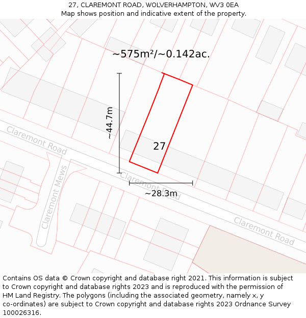 27, CLAREMONT ROAD, WOLVERHAMPTON, WV3 0EA: Plot and title map