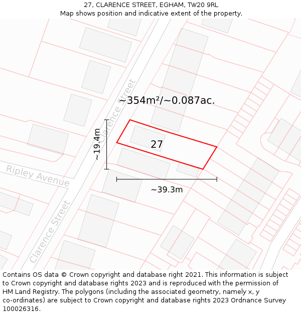 27, CLARENCE STREET, EGHAM, TW20 9RL: Plot and title map
