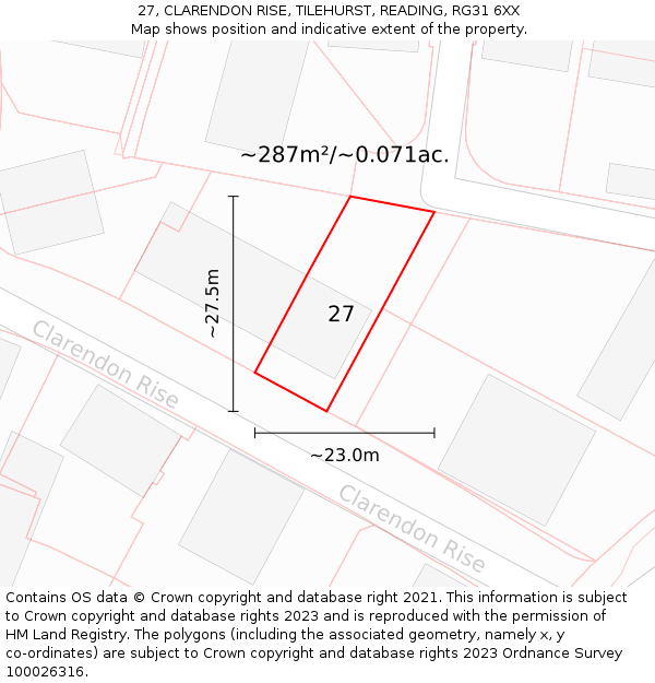 27, CLARENDON RISE, TILEHURST, READING, RG31 6XX: Plot and title map