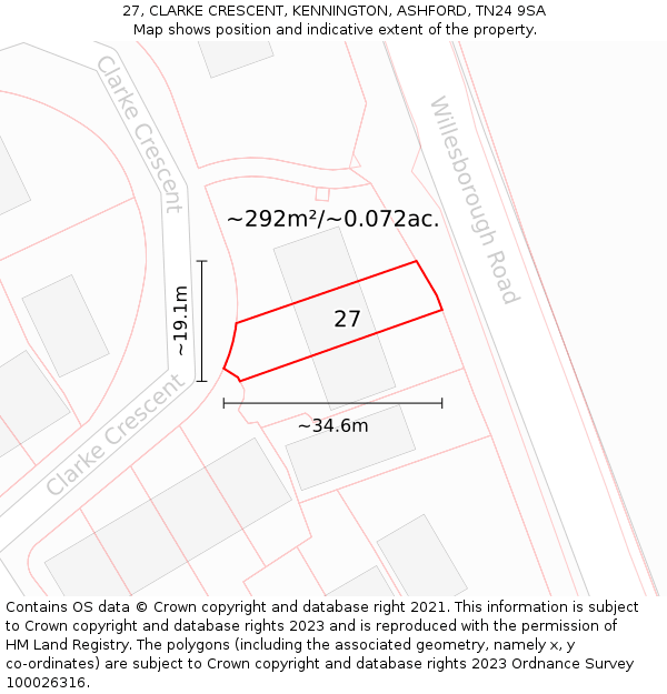 27, CLARKE CRESCENT, KENNINGTON, ASHFORD, TN24 9SA: Plot and title map