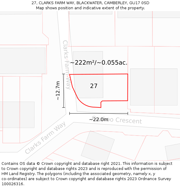 27, CLARKS FARM WAY, BLACKWATER, CAMBERLEY, GU17 0SD: Plot and title map