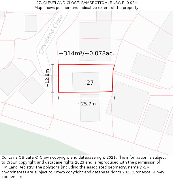 27, CLEVELAND CLOSE, RAMSBOTTOM, BURY, BL0 9FH: Plot and title map