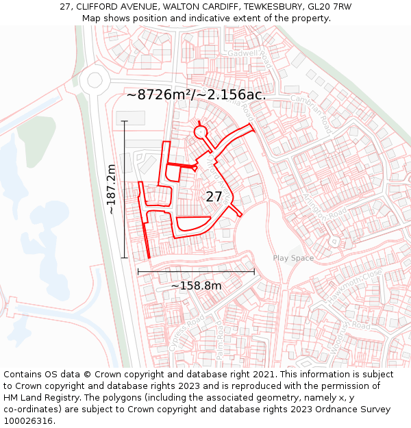 27, CLIFFORD AVENUE, WALTON CARDIFF, TEWKESBURY, GL20 7RW: Plot and title map