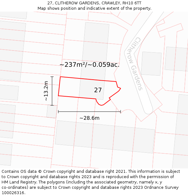 27, CLITHEROW GARDENS, CRAWLEY, RH10 6TT: Plot and title map