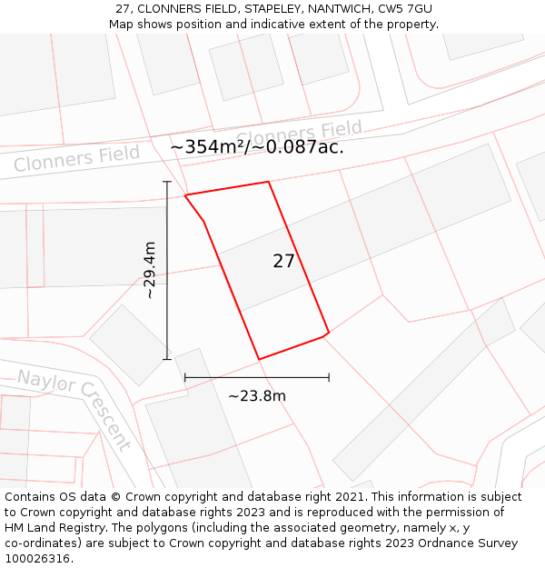 27, CLONNERS FIELD, STAPELEY, NANTWICH, CW5 7GU: Plot and title map