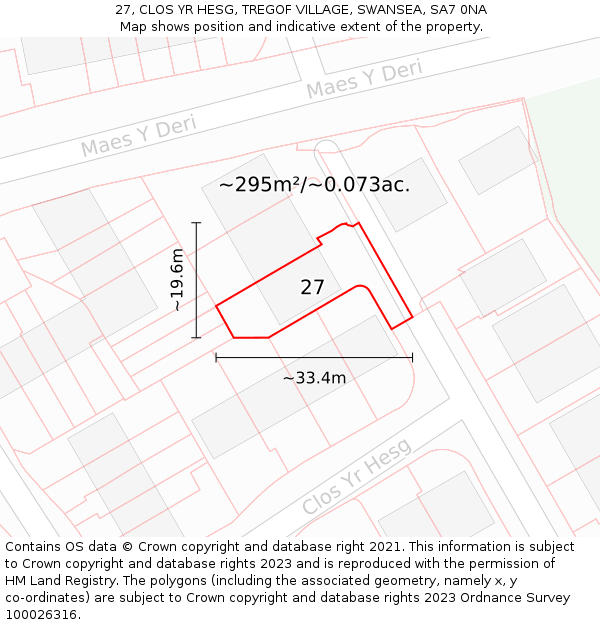 27, CLOS YR HESG, TREGOF VILLAGE, SWANSEA, SA7 0NA: Plot and title map