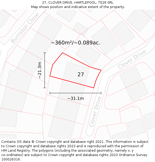 27, CLOVER DRIVE, HARTLEPOOL, TS26 0RL: Plot and title map