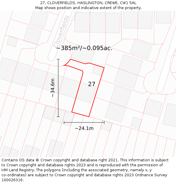 27, CLOVERFIELDS, HASLINGTON, CREWE, CW1 5AL: Plot and title map