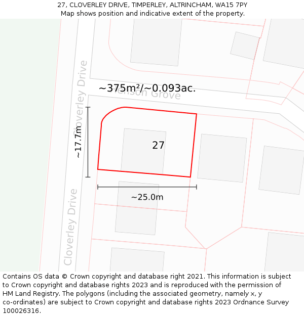 27, CLOVERLEY DRIVE, TIMPERLEY, ALTRINCHAM, WA15 7PY: Plot and title map