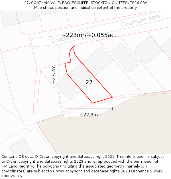 27, COATHAM VALE, EAGLESCLIFFE, STOCKTON-ON-TEES, TS16 0RA: Plot and title map