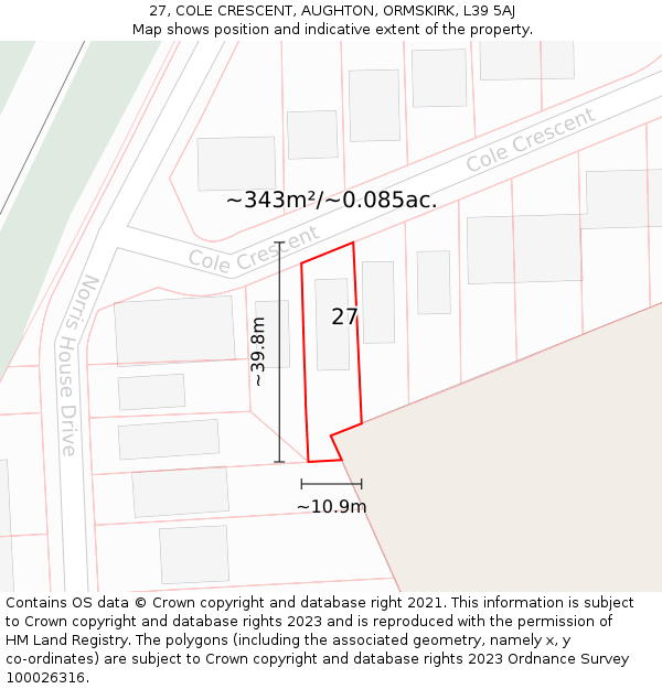 27, COLE CRESCENT, AUGHTON, ORMSKIRK, L39 5AJ: Plot and title map