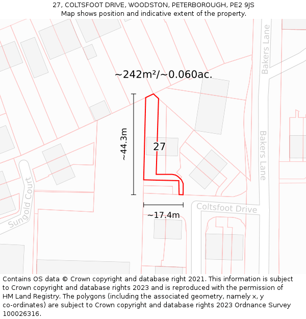 27, COLTSFOOT DRIVE, WOODSTON, PETERBOROUGH, PE2 9JS: Plot and title map