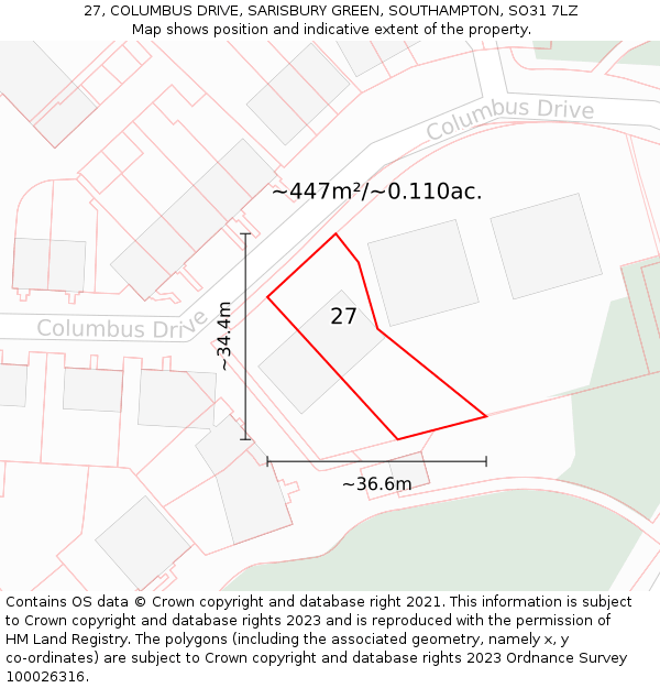 27, COLUMBUS DRIVE, SARISBURY GREEN, SOUTHAMPTON, SO31 7LZ: Plot and title map