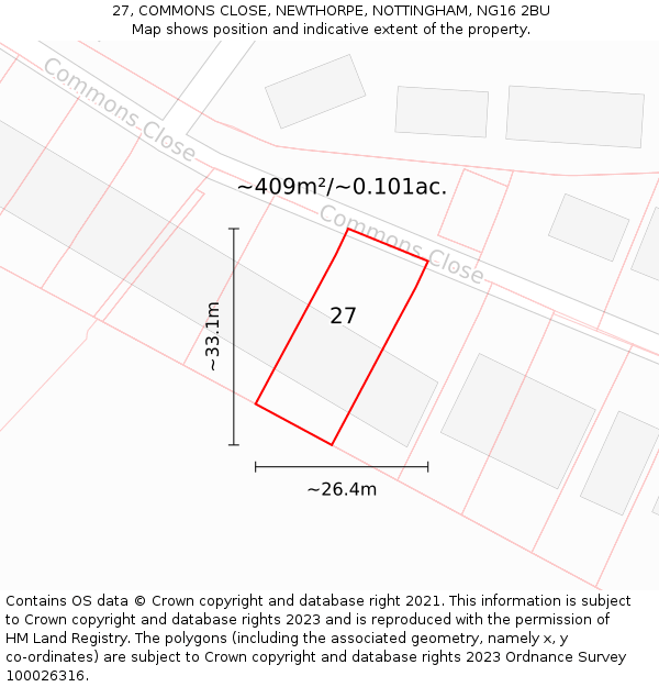27, COMMONS CLOSE, NEWTHORPE, NOTTINGHAM, NG16 2BU: Plot and title map