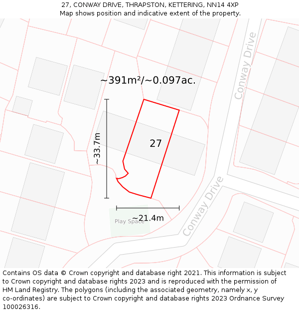 27, CONWAY DRIVE, THRAPSTON, KETTERING, NN14 4XP: Plot and title map